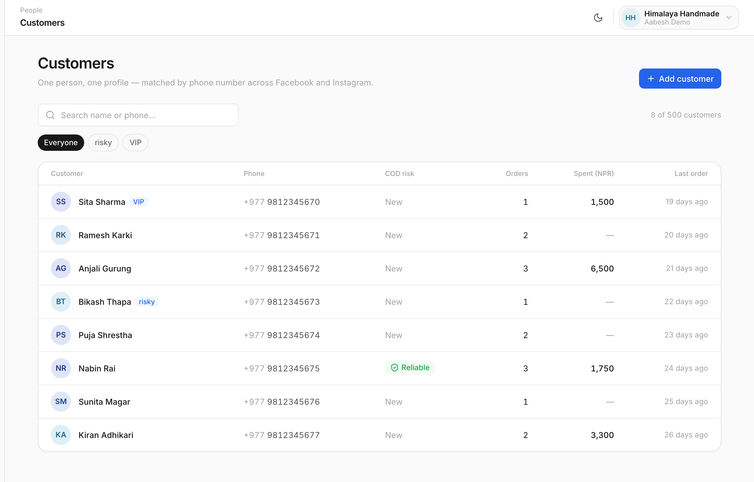 DokaanDM customer CRM showing order history, total spent and cash-on-delivery risk