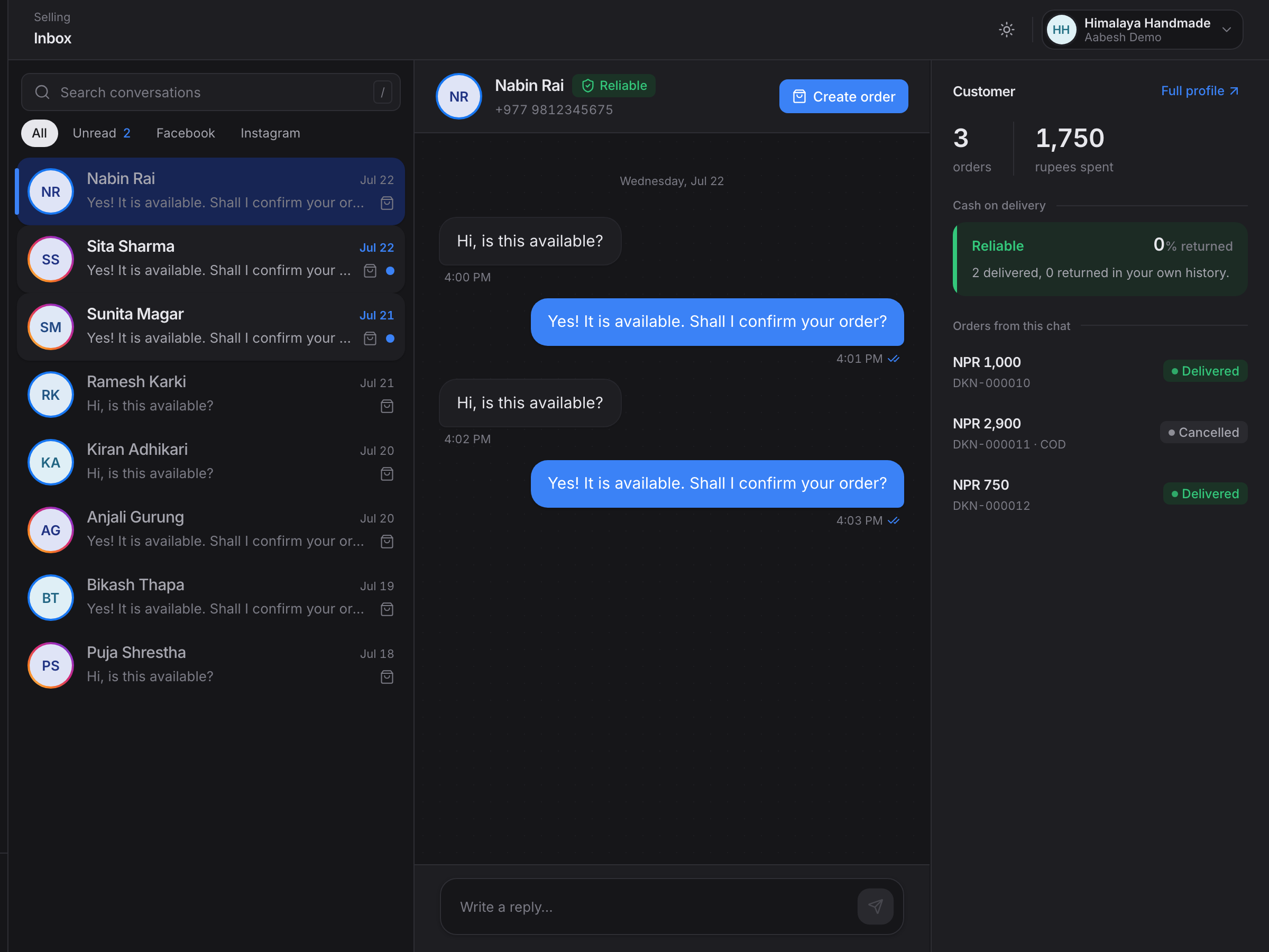 DokaanDM unified inbox showing Facebook and Instagram conversations side by side with customer context
