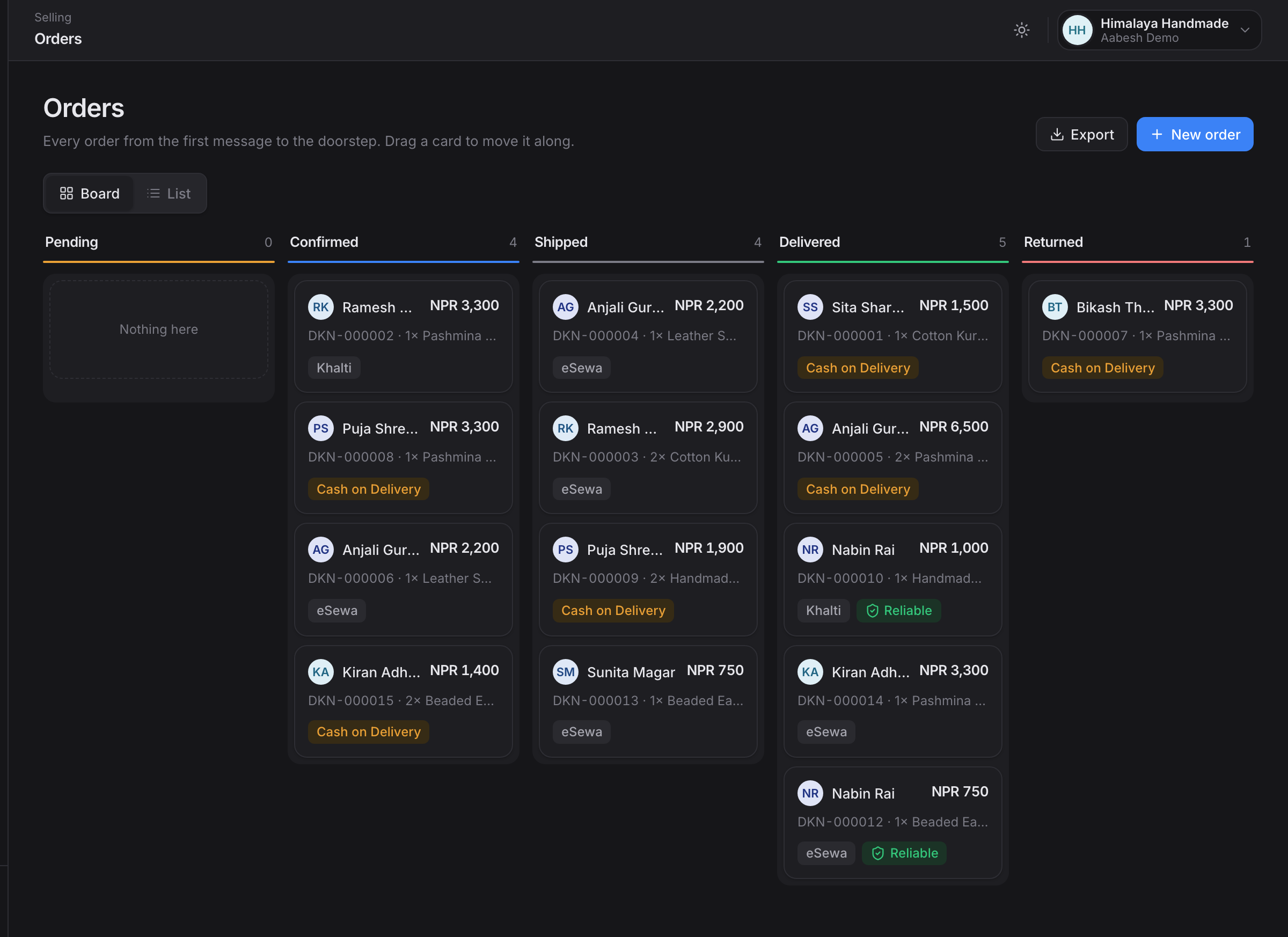 DokaanDM order pipeline board with pending, confirmed, shipped and delivered columns