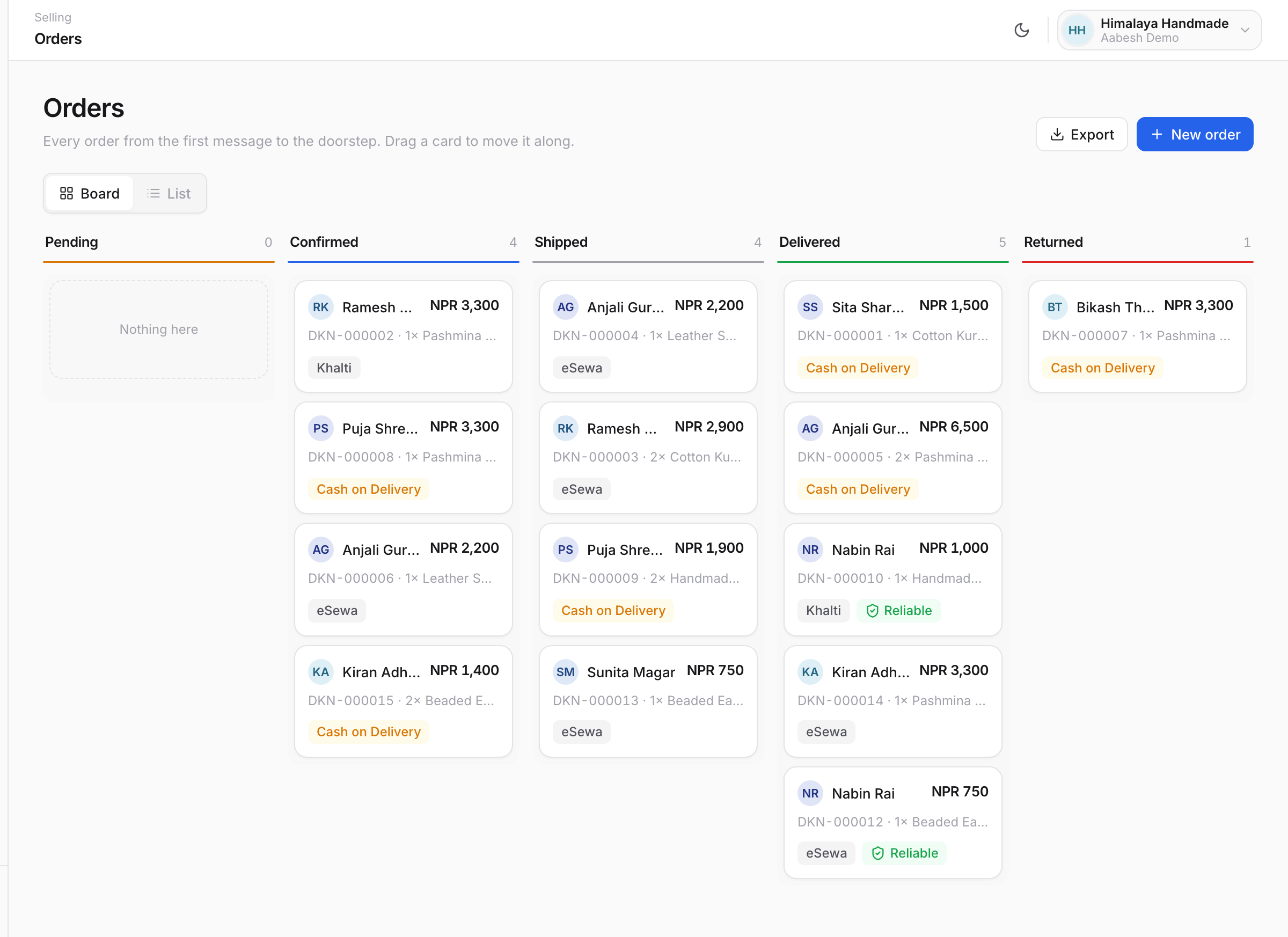 DokaanDM order pipeline board with pending, confirmed, shipped and delivered columns